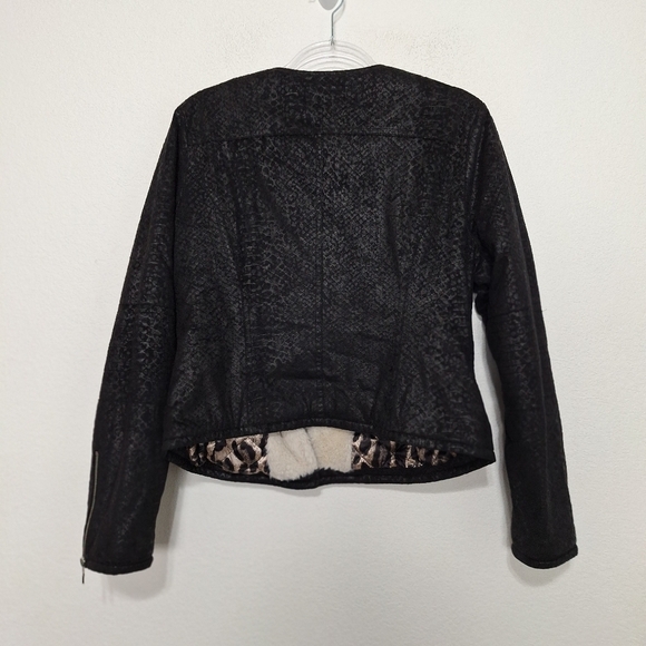Guess Black Streetwear Embossed Faux Suede Soft Fur Animal Print Moto Jacket L - Picture 6 of 9